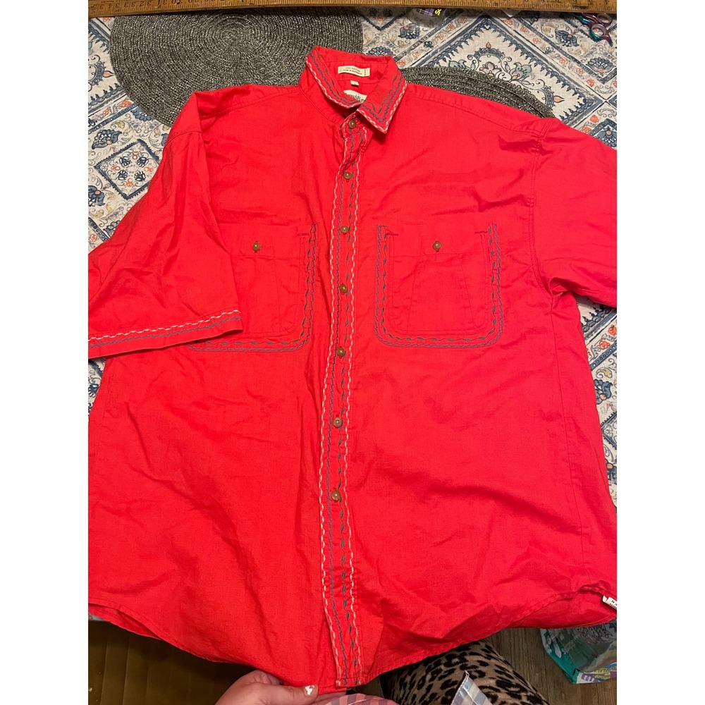 St Johns Bay Mens Large Red Short Sleeve Embroidered Button Down Cotton Shirt